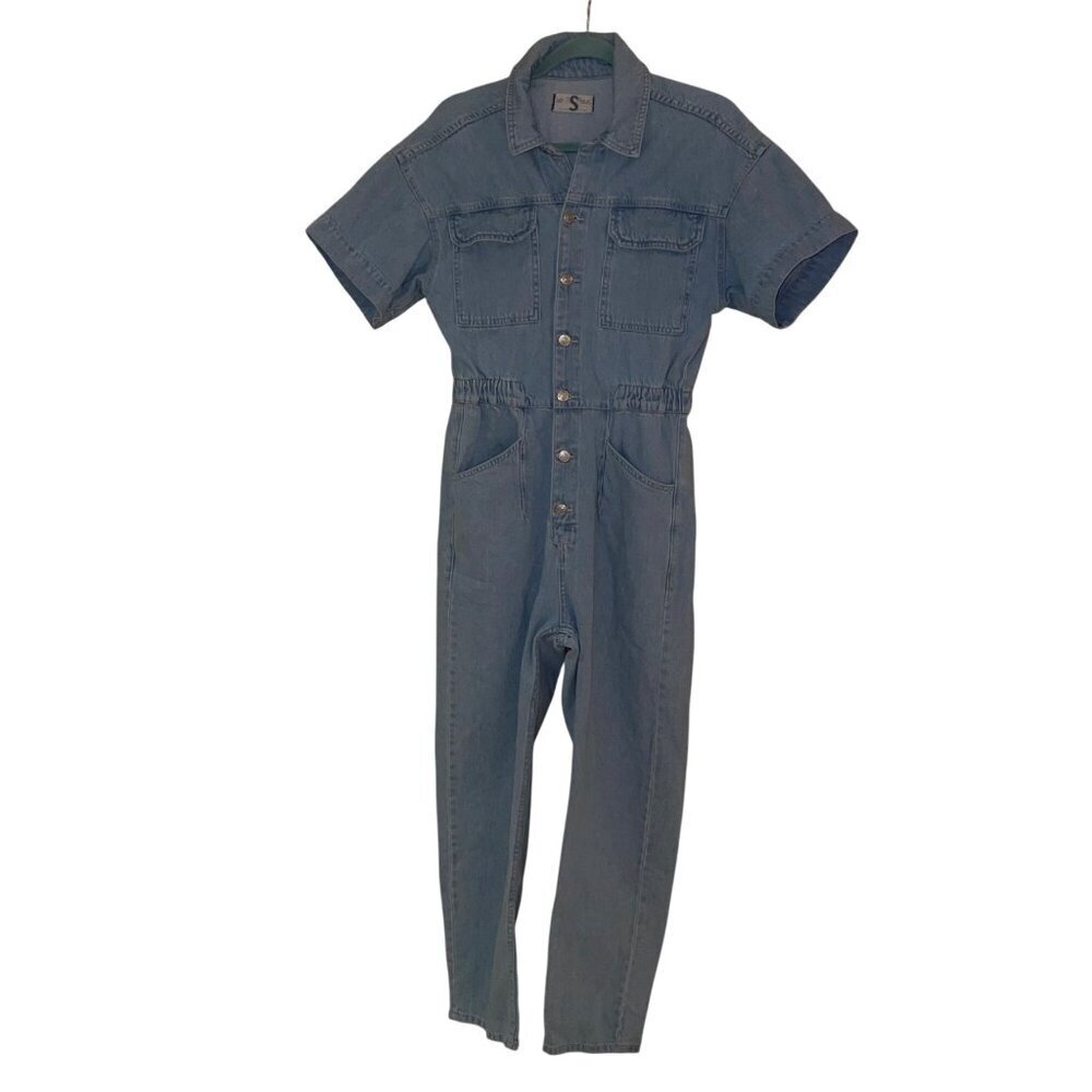 We The Free Womens Jumpsuit Size Small Blue Marci Denim Coveralls Short Sleeve
